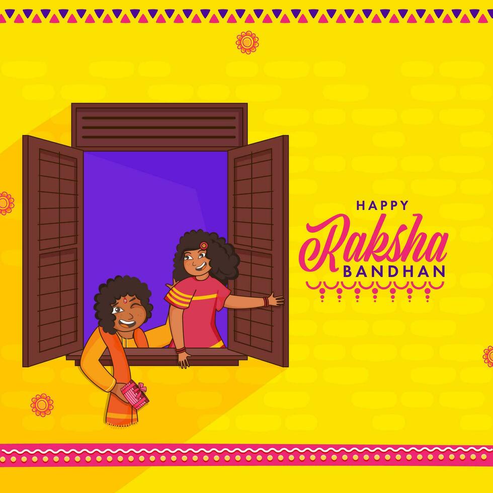 Happy Raksha Bandhan Concept With Cheerful Sister And Brother Watching Outside From Window On Yellow Background. vector
