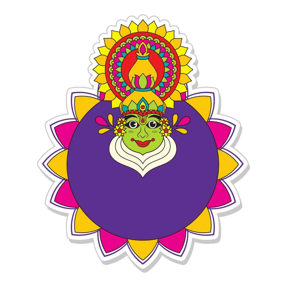 pegatina estilo Kathakali bailarín cara con vacío mandala marco en blanco antecedentes. vector