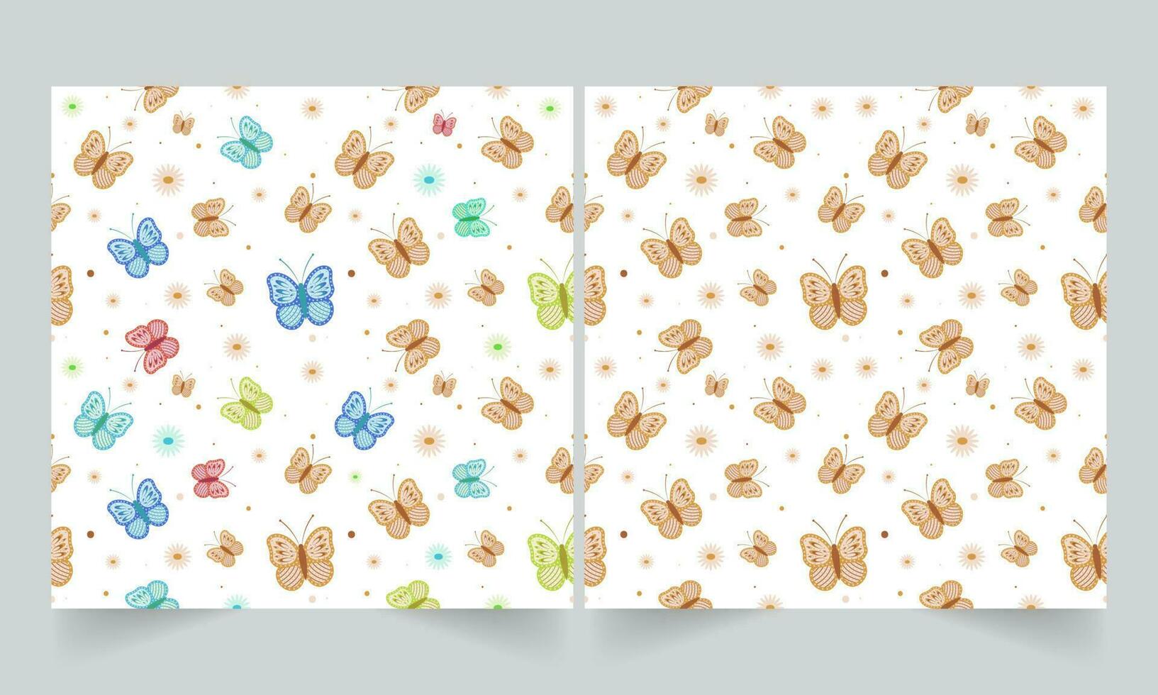 Seamless Pattern Of Butterflies And Flowers On White Background In Two Options. vector