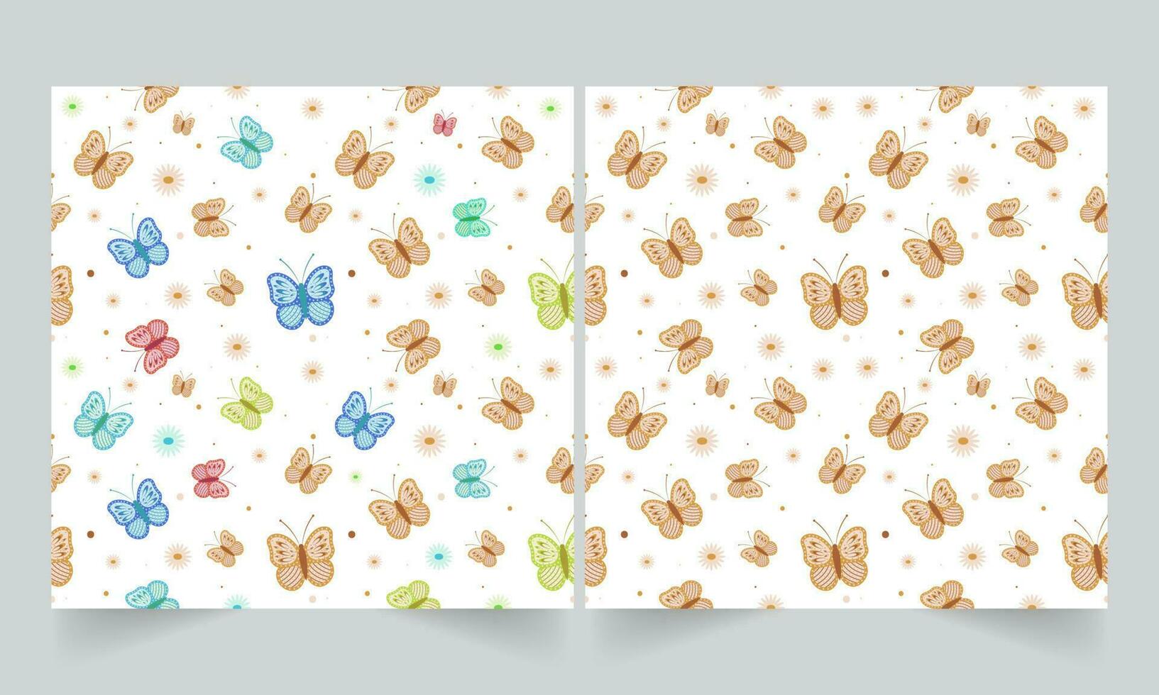 Seamless Pattern Of Butterflies And Flowers On White Background In Two Options. vector