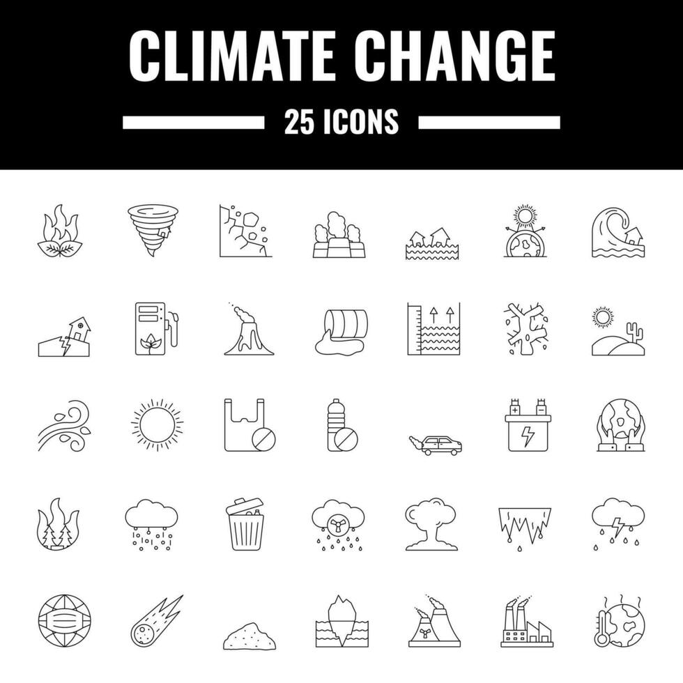 25 Climate Change Black Outline Icon Set. vector