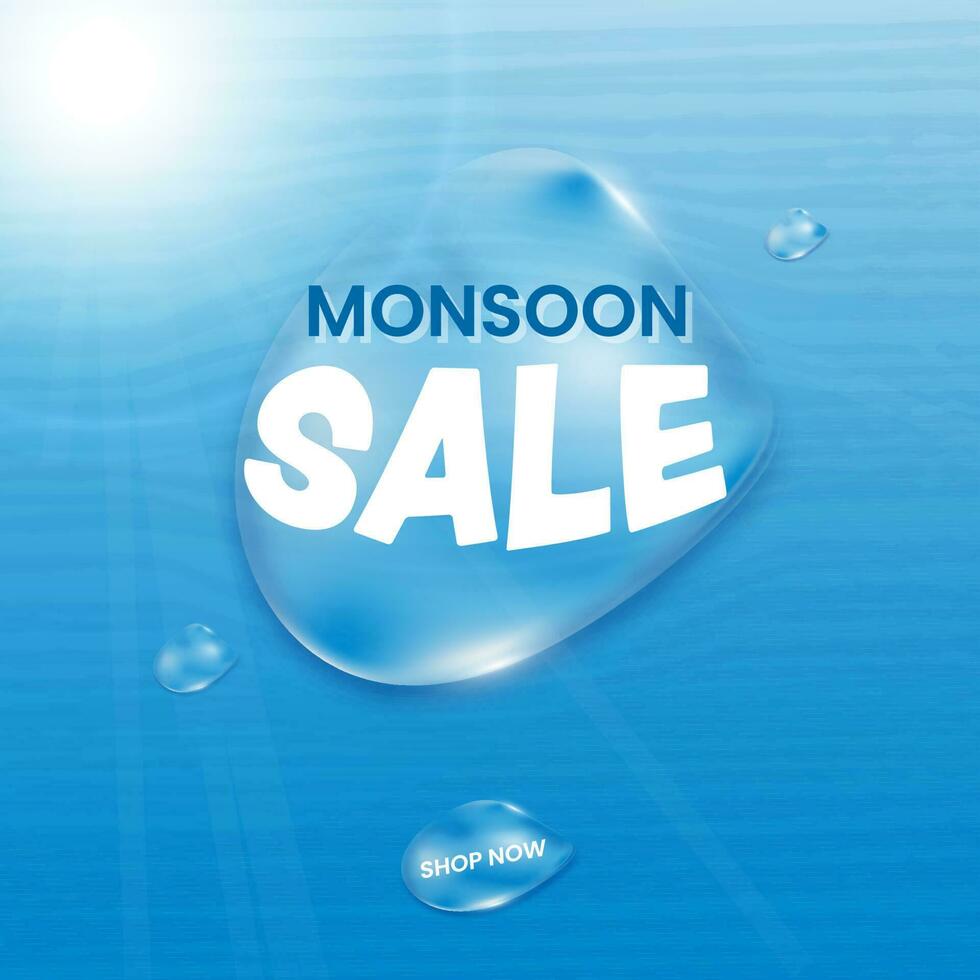 Monsoon Sale Poster Design With Glossy Water Fluid On Blue Shiny Background. vector