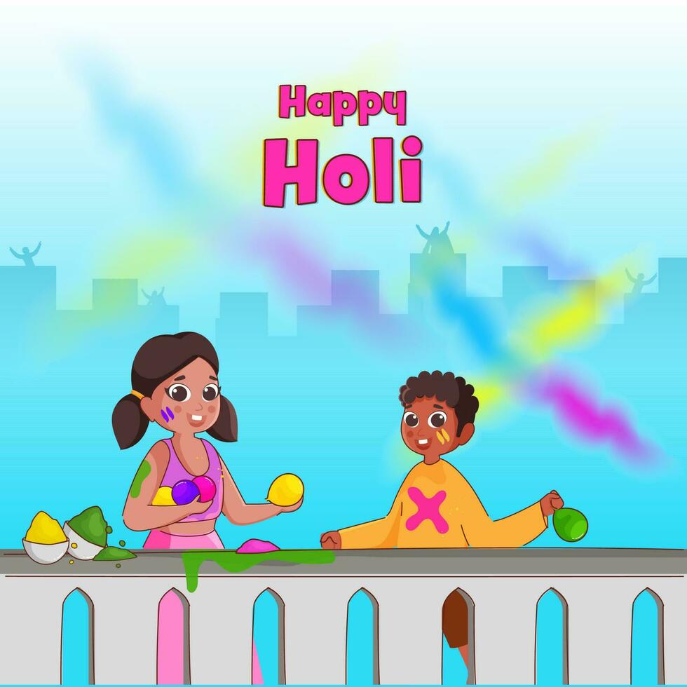 Happy Holi Celebration Background With Indian Kids Playing From Color Or Water Balloons At Roof Illustration. vector