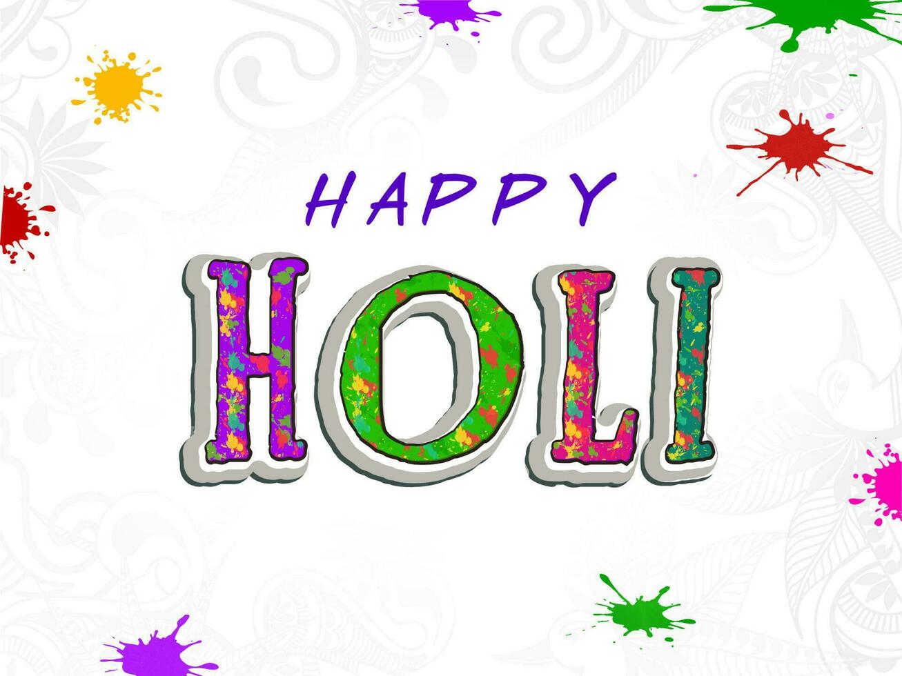 Creative Happy Holi Font With Color Splatter Effect On White Flourish Background. vector