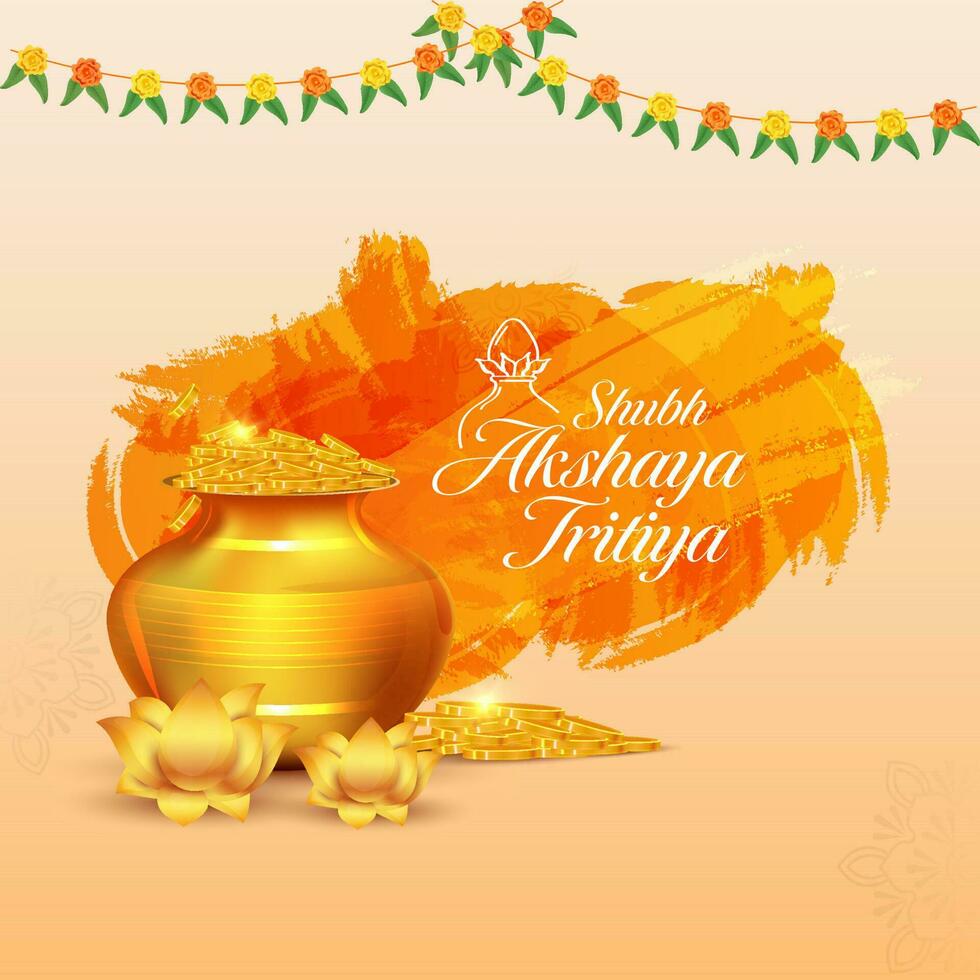 Hindu festival Akshaya Tritiya concept with Akshaya Tritiya wishes, golden kalash with full of gold coins, golden lotus, and ornaments for prayer. vector