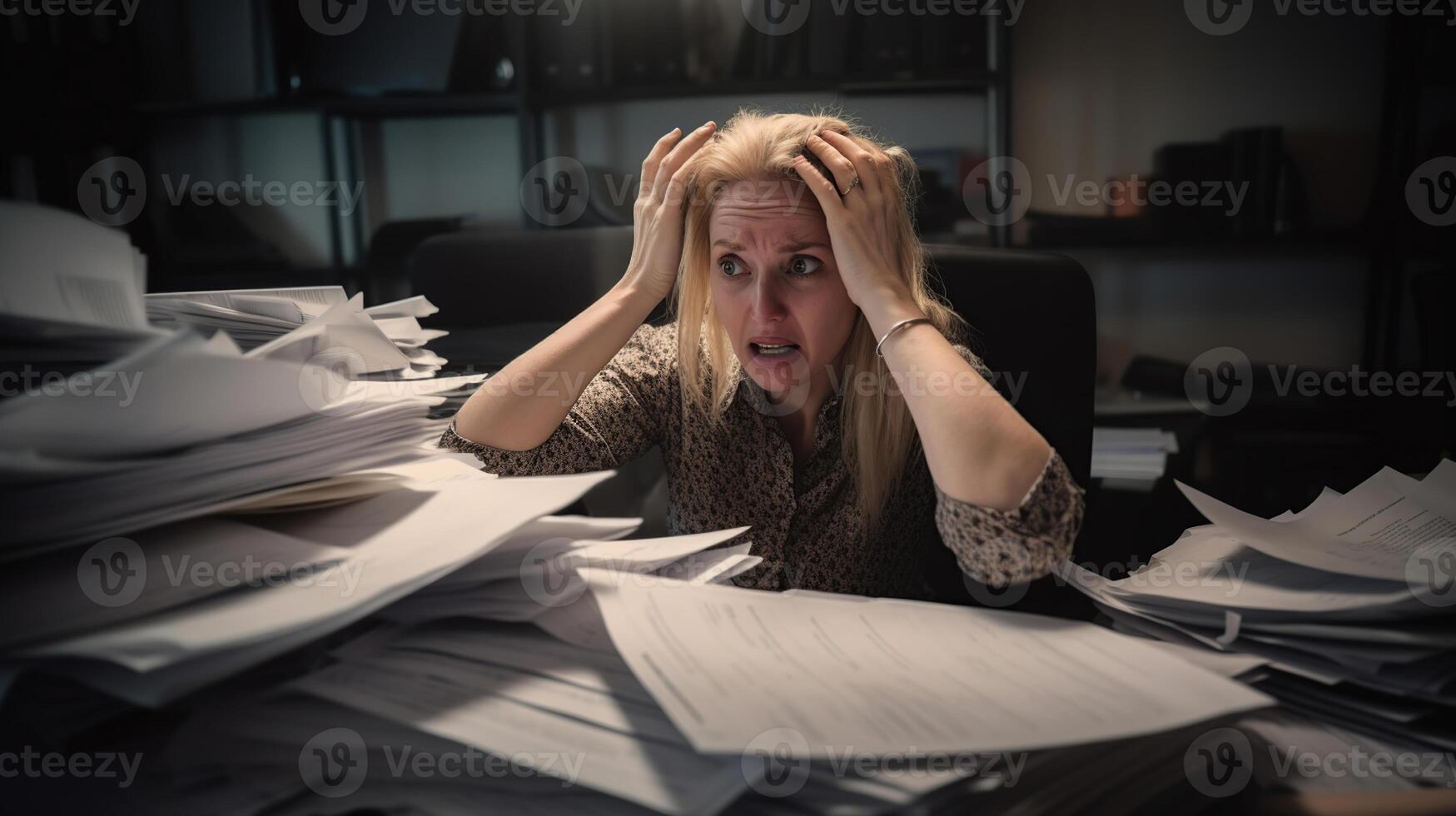 desesperado oficina trabajador abrumado con papeleo, ella retenida su cabeza con el manos, generativo ai foto