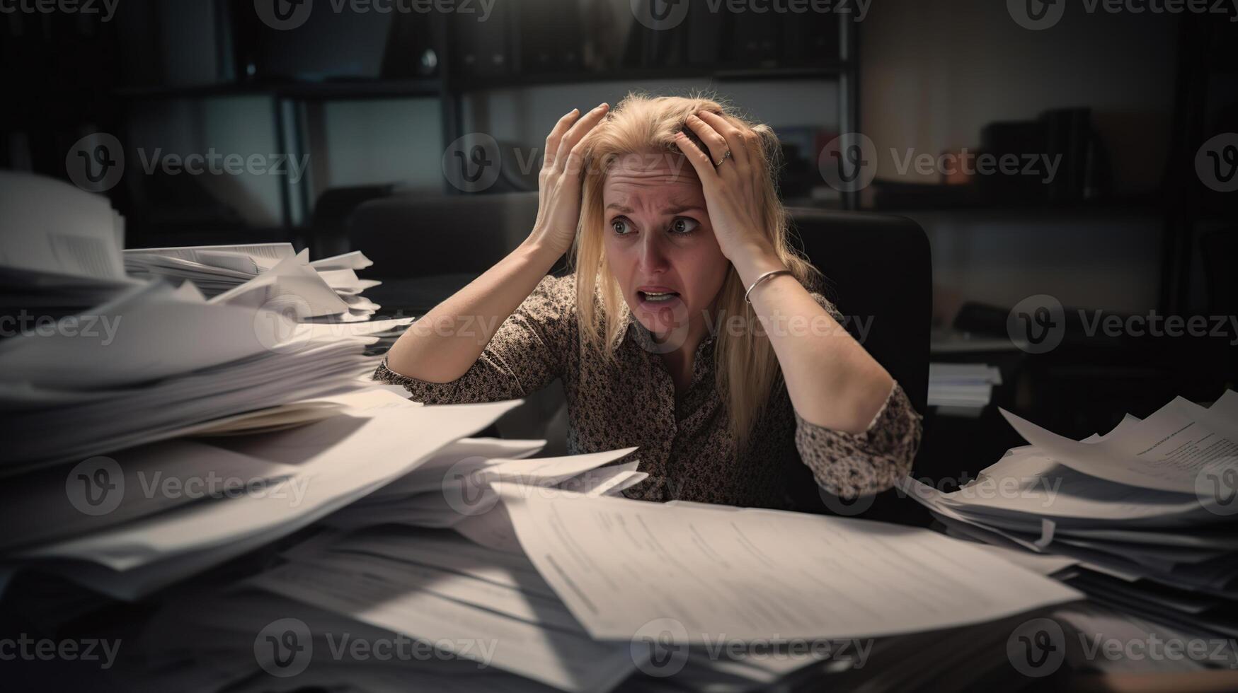 Desperate office worker overwhelmed with paperwork, she held his head with the hands, photo