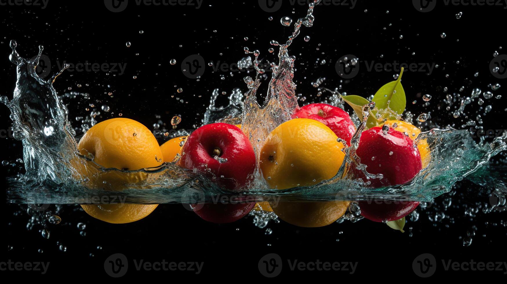 fresh multi fruits splashing into blue clear water splash healthy food diet freshness concept isolated on black background, photo