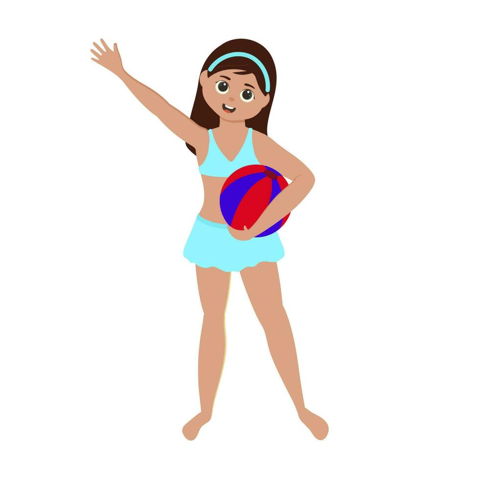 joven niña vistiendo bikini con sostener pelota en blanco antecedentes. vector