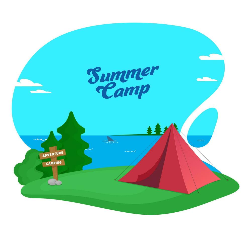 Summer Camp Poster Design With Red Tent, Adventure Signboard, Nature View On Blue River And White Background. vector