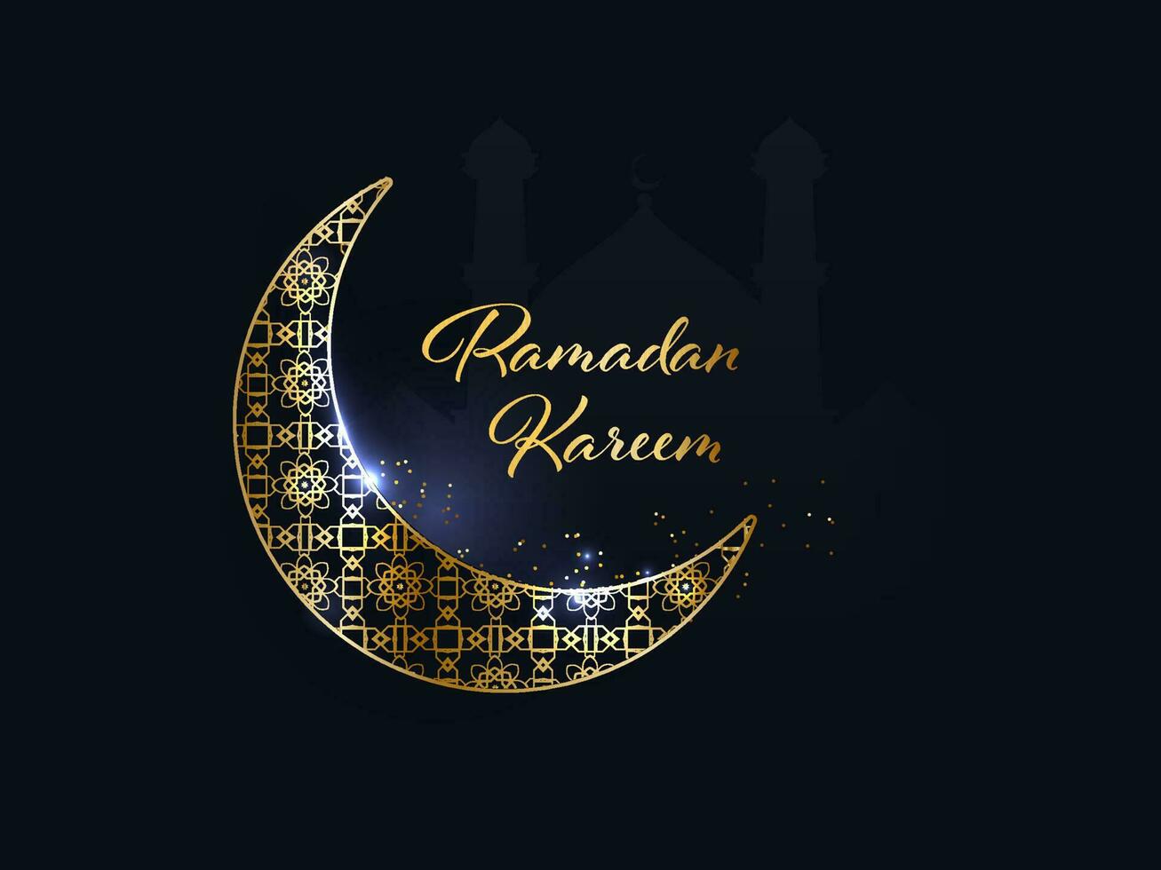 Golden Ramadan Kareem Font With Ornament Crescent Moon And Light Effect On Blue Silhouette Mosque Background. vector