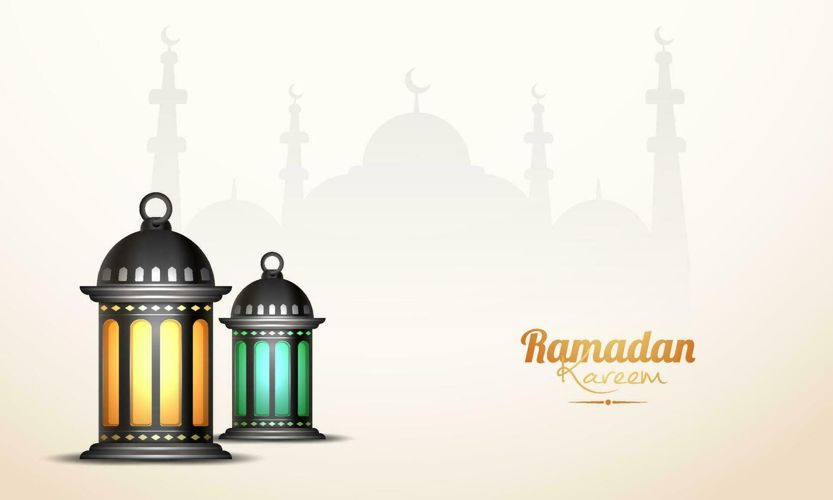 Golden Ramadan Kareem Font With Realistic Lit Lanterns On White Silhouette Mosque Background. vector