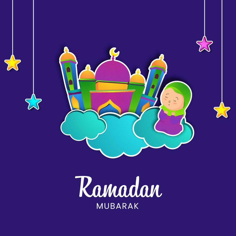 Ramadán Mubarak concepto con pegatina estilo mezquita, islámico niña Orando, nubes y colgando estrellas decorado en Violeta antecedentes. vector