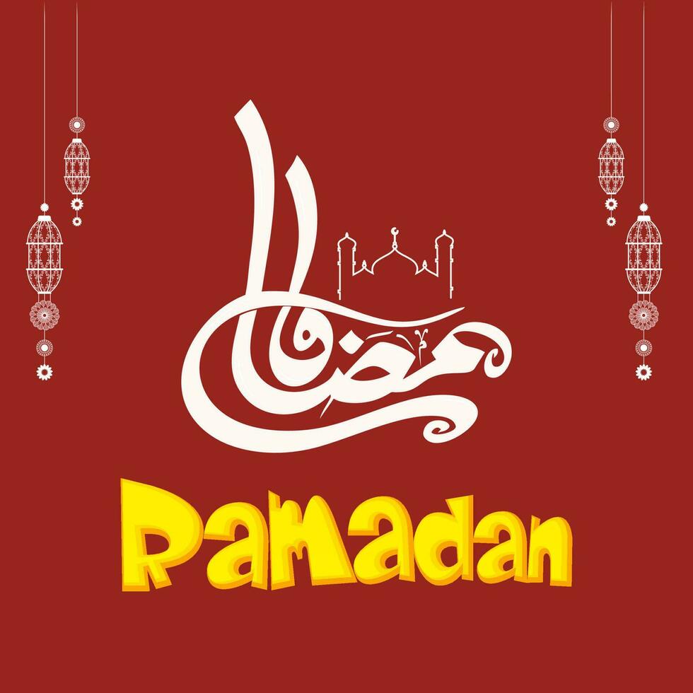 Arabic Calligraphy Of Ramadan With Linear Mosque And Hanging Lanterns Decorated On Red Background. vector
