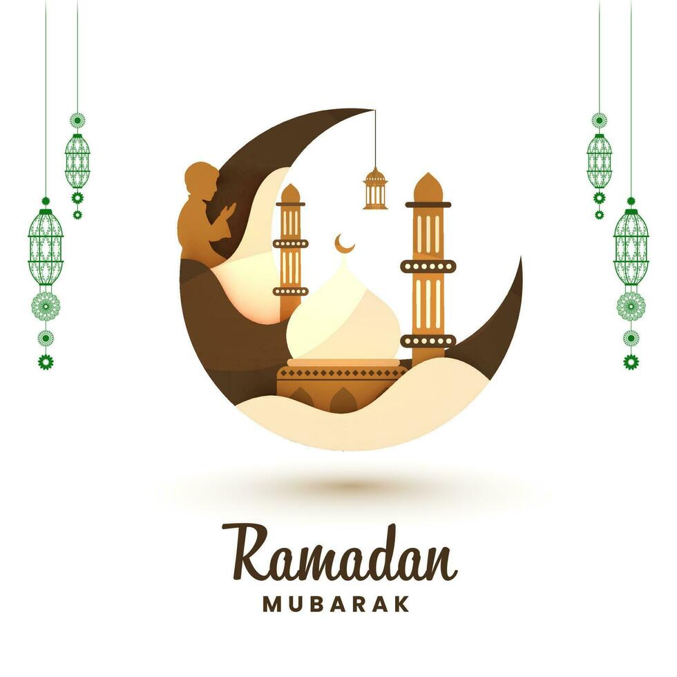 Ramadán Mubarak concepto con creciente luna, mezquita, colgando lamparas y silueta islámico chico Orando en blanco antecedentes. vector