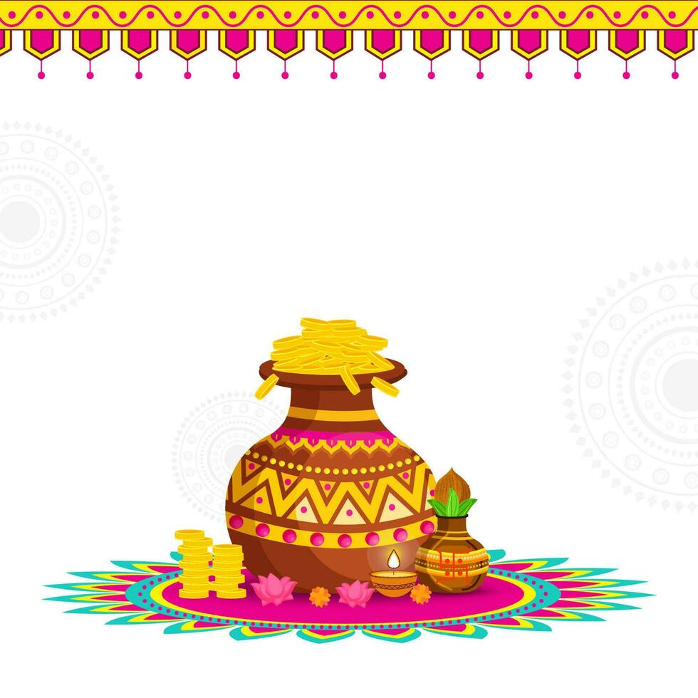 Vector Illustration Of Golden Treasure Pot With Traditional Pot, Lit Oil Lamp, Lotus Flowers And Copy Space On White Background.