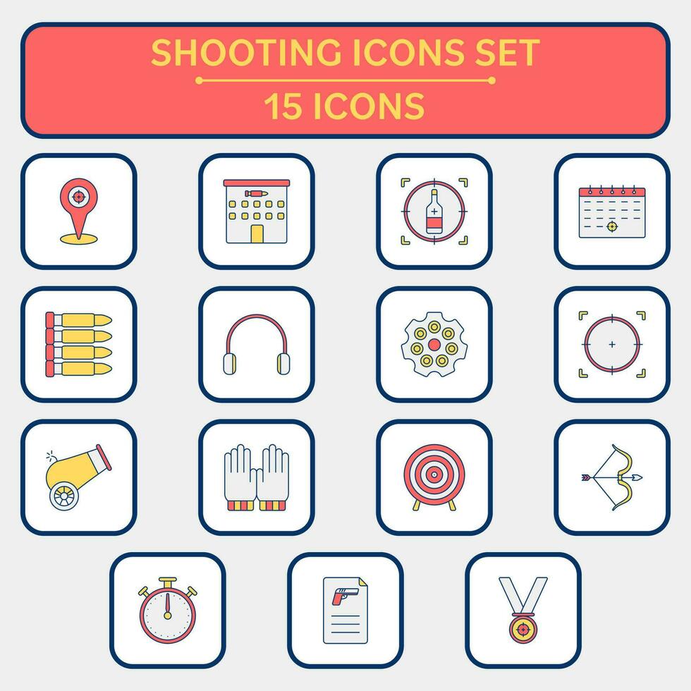 Flat Style Shooting 15 Red And Yellow Icon Set. vector