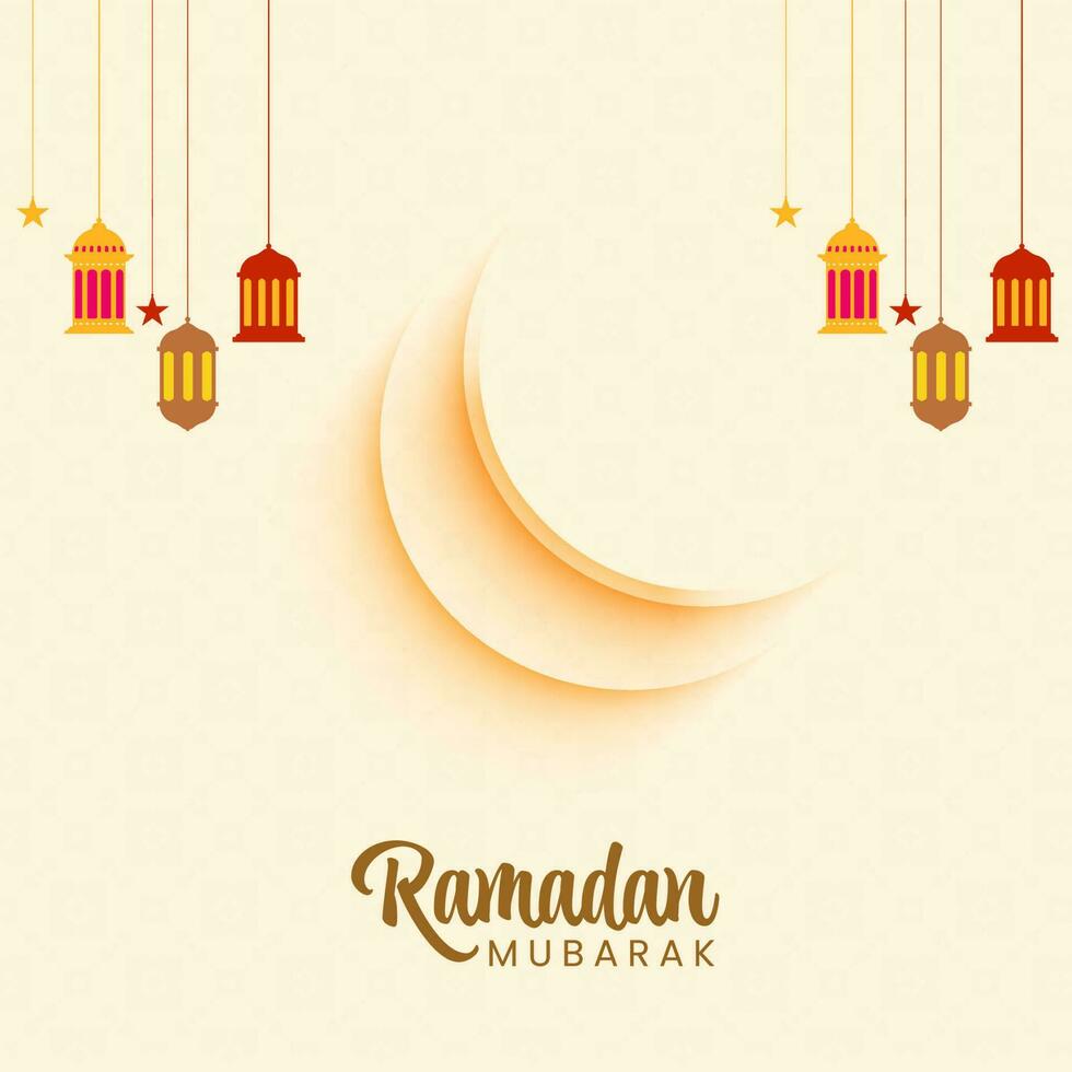 Ramadan Mubarak Concept With Glossy Crescent Moon, Hanging Lanterns And Stars Decorated Background. vector