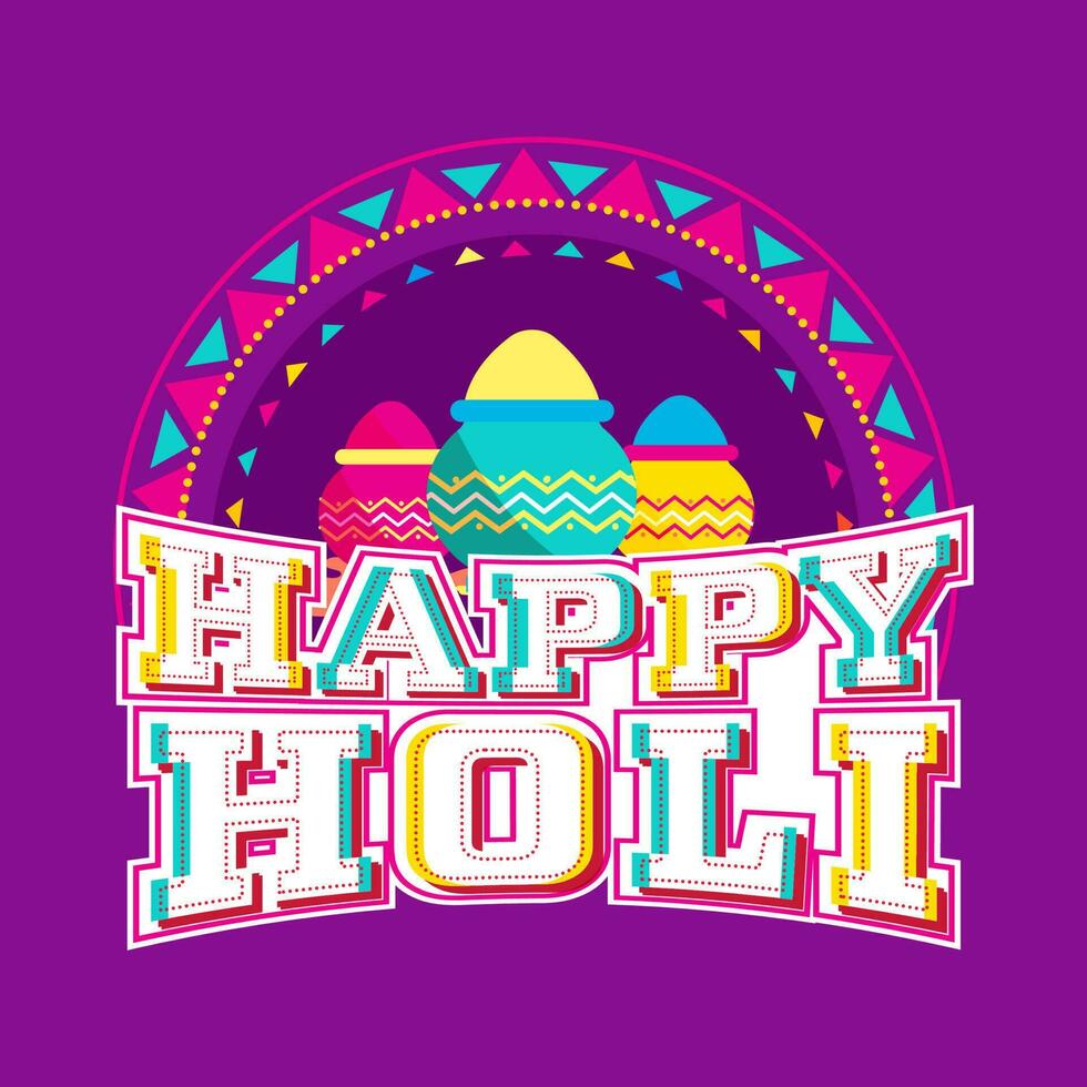 Sticker Style Happy Holi Font With Mud Pots Full Of Dry Color On Purple Background. vector