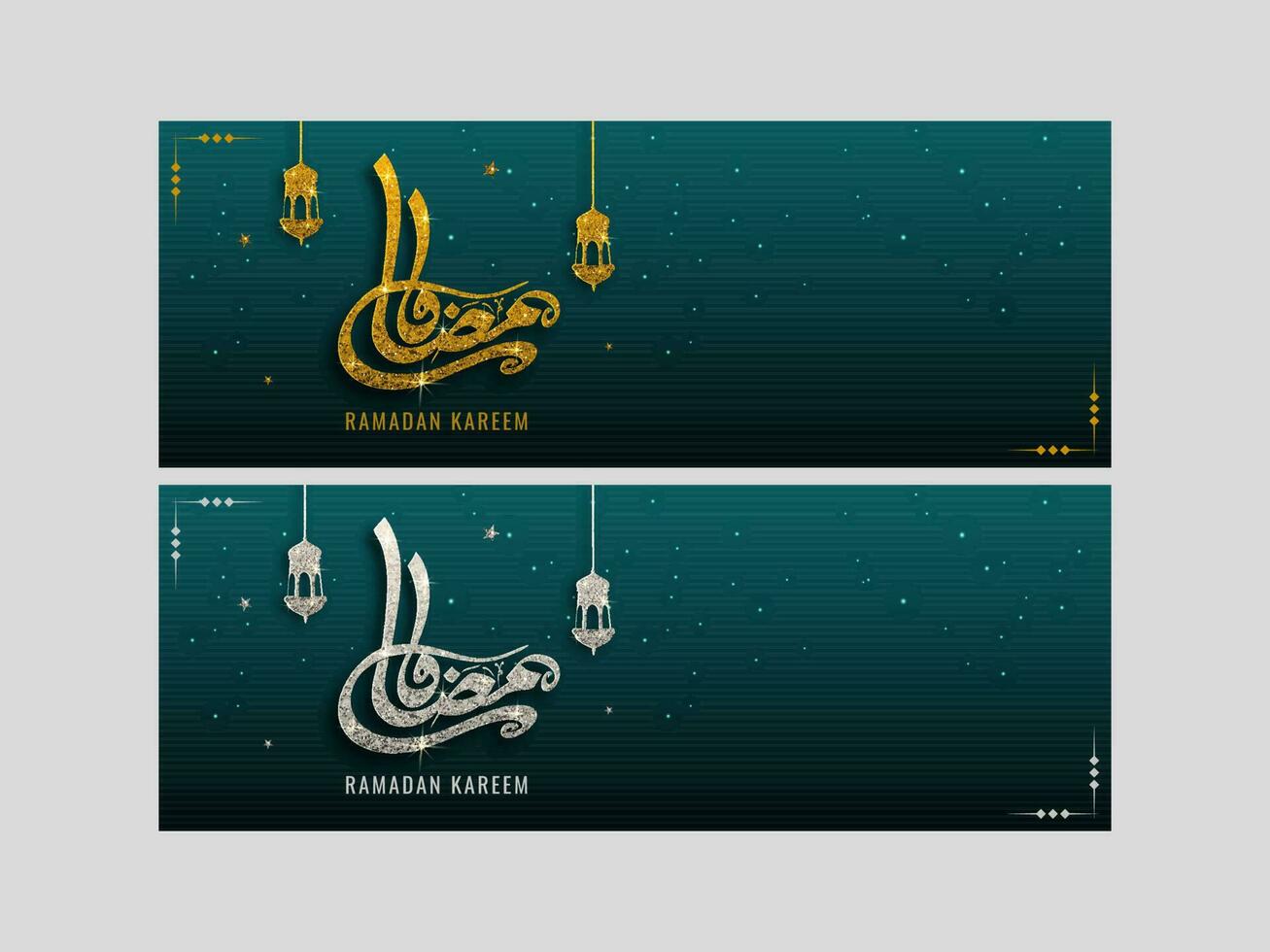 islámico festival de Ramadán bandera o encabezamiento conjunto con reluciente Arábica caligrafía, linternas en dorado y plata. vector