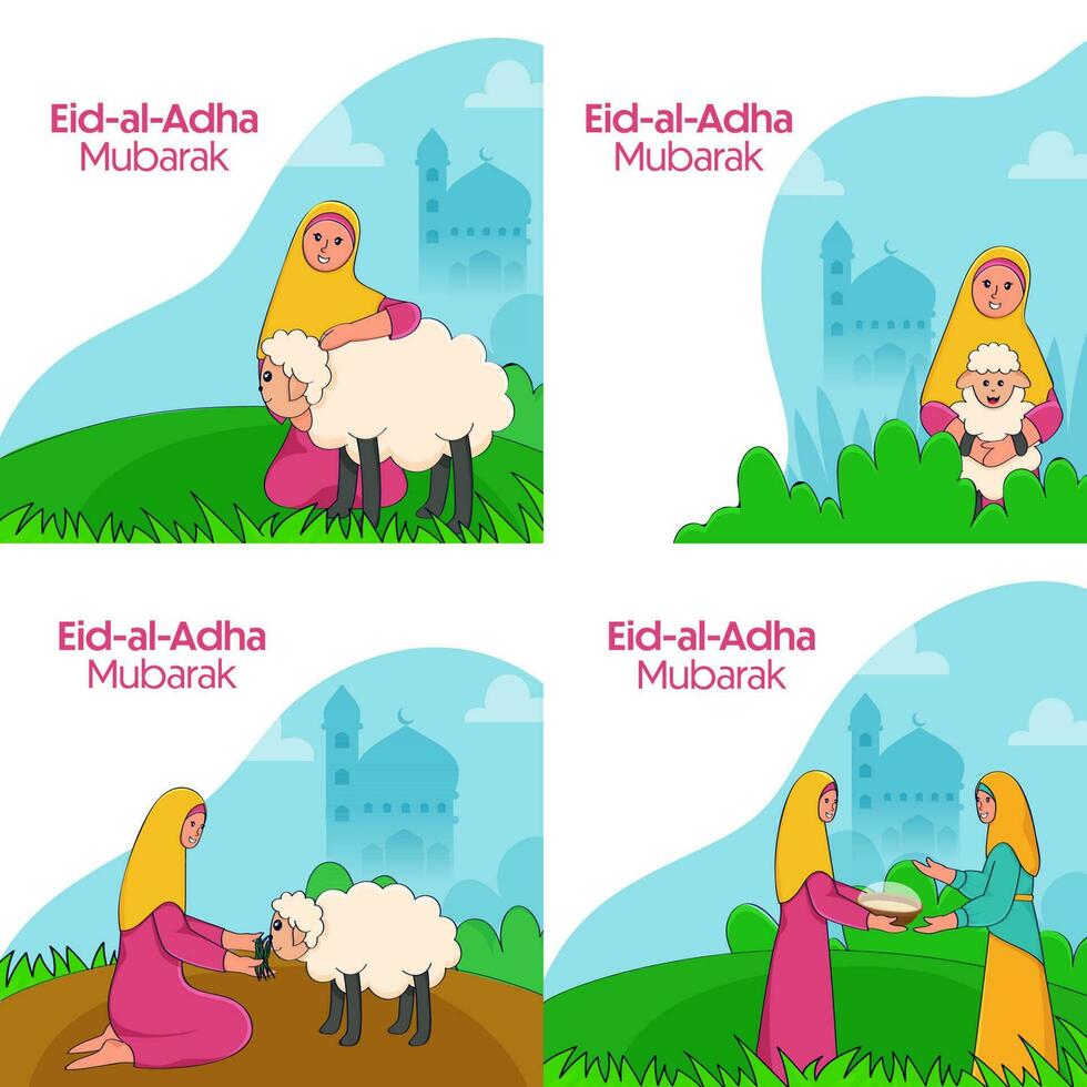 Eid-Al-Adha Mubarak Greeting Card Or Post Design In Four Options. vector