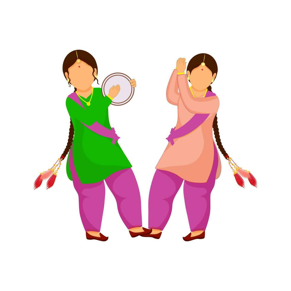 punjabi joven muchachas jugando dafli en bhangra bailar. vector