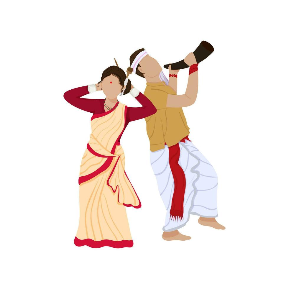 Assamese Man Playing Pepa Instrument And Woman Dancing On White Background. vector