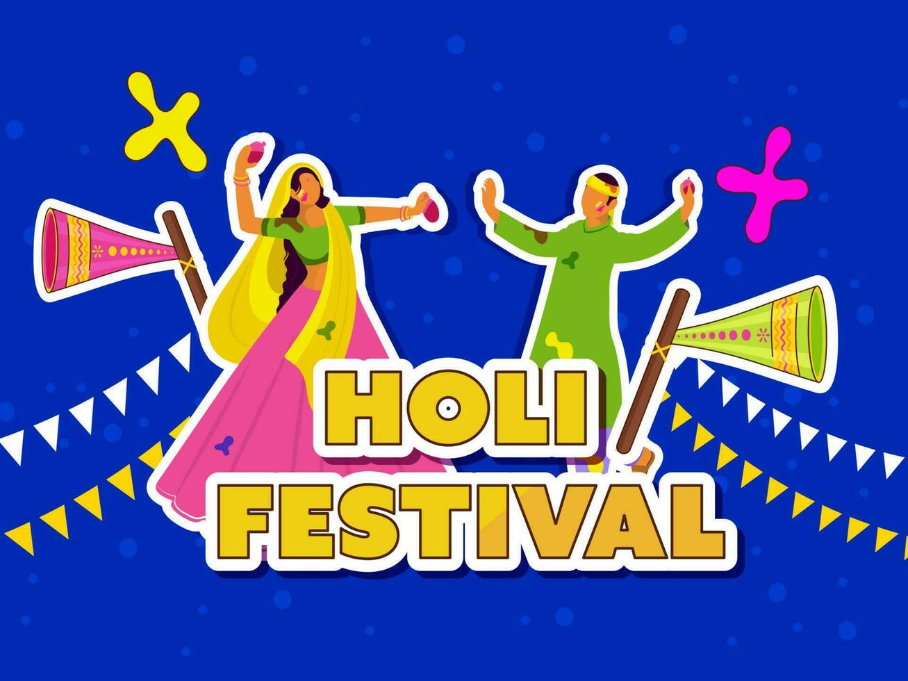 Sticker Style Holi Festival Font With Indian Couple Throwing Color Balloons At Each Other, Loudspeaker And Bunting Flags On Blue Background. vector