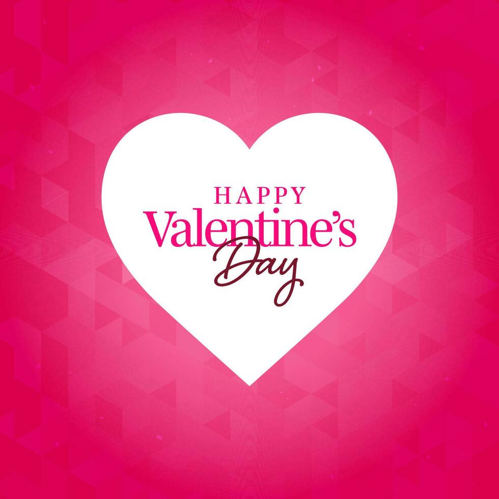 Happy Valentine's Day Font Over White Heart Shape On Pink Geometric Pattern Background. vector