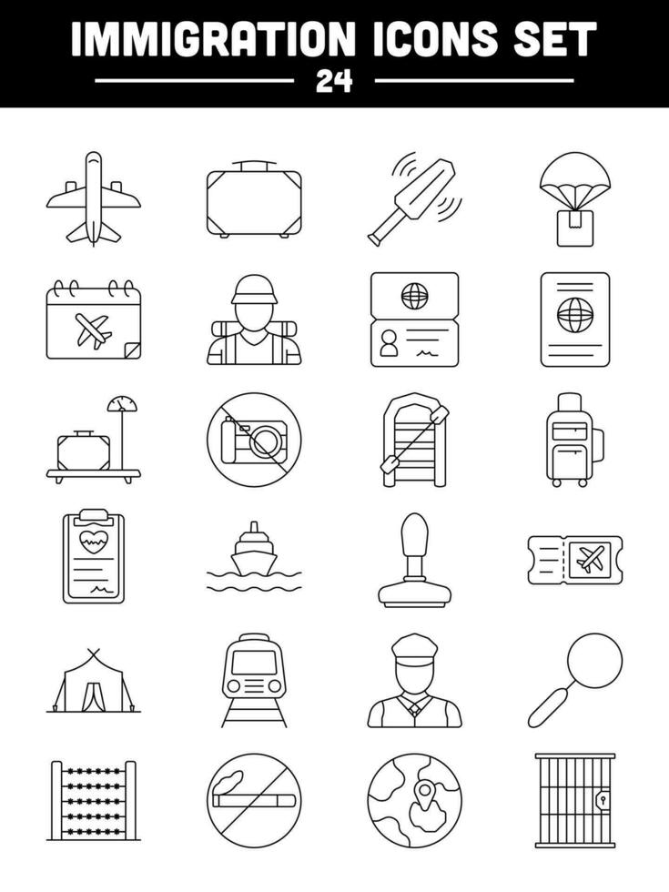 Black Line Art Immigration Icon Set In Flat Style. vector