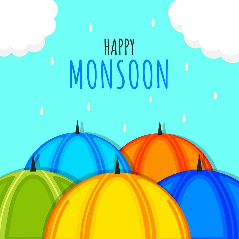 contento monzón póster diseño con vistoso paraguas, nubes y gotas en cian antecedentes. vector