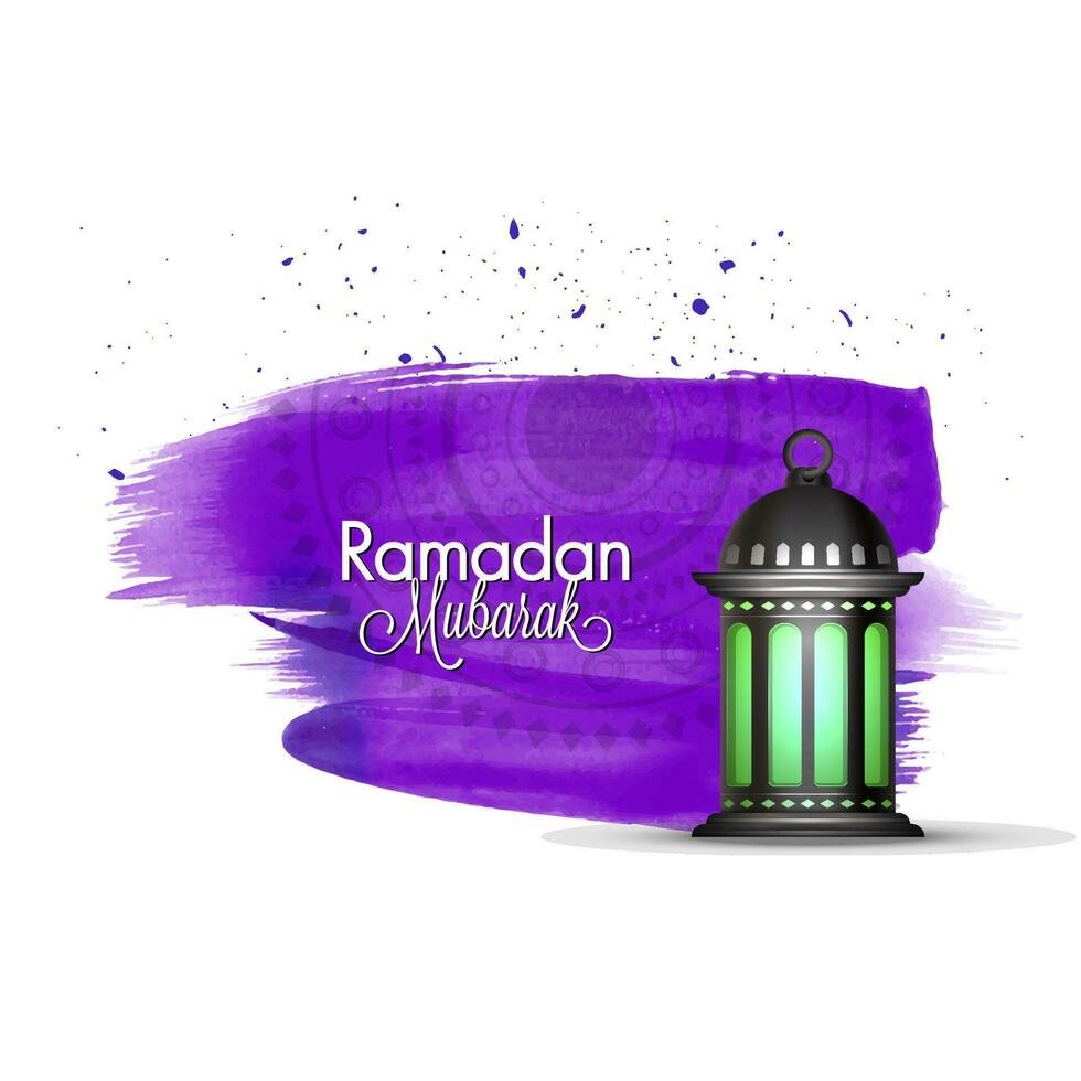 Ramadan Mubarak Font With Realistic Arabic Lantern And Purple Brush Effect Mandala On White Background. vector