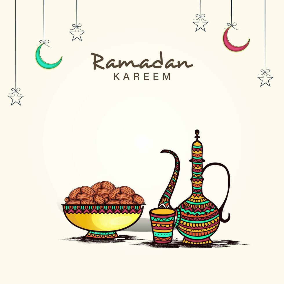 Ramadán kareem póster diseño con tradicional Arábica jarra, vaso, fechas en bol, creciente Luna y estrellas colgar en blanco antecedentes. vector