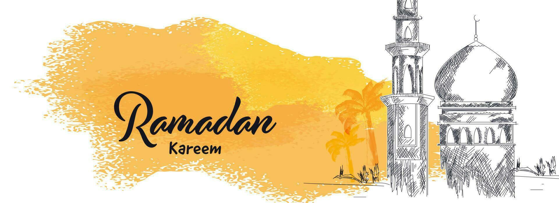 Ramadan Kareem Banner Or Header Design With Sketching Mosque, Palm Tree And Orange Brush Grunge Effect On White Background. vector