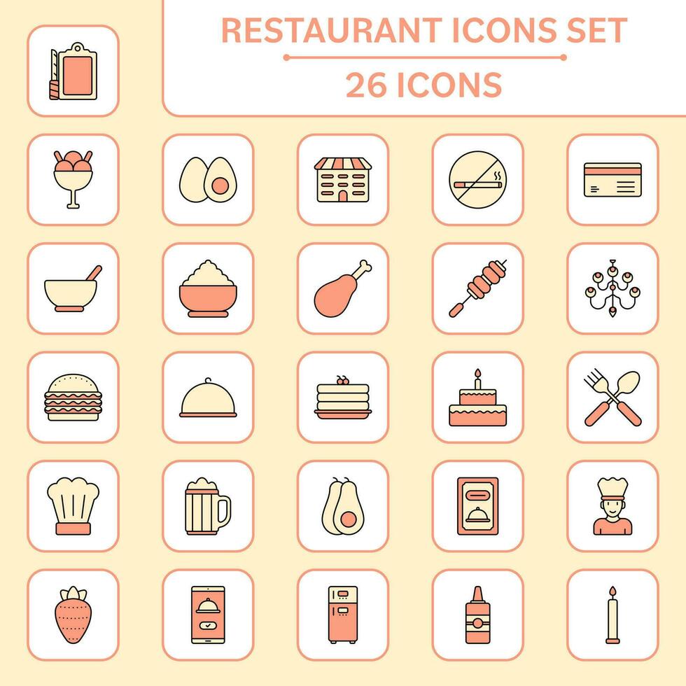 amarillo y naranja restaurante cuadrado icono conjunto en plano estilo. vector