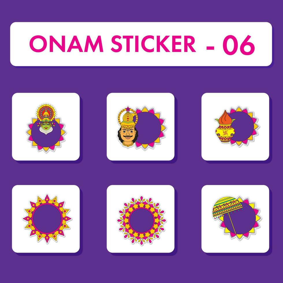 Sticker Style Onam Icon Collection On Purple Background. vector