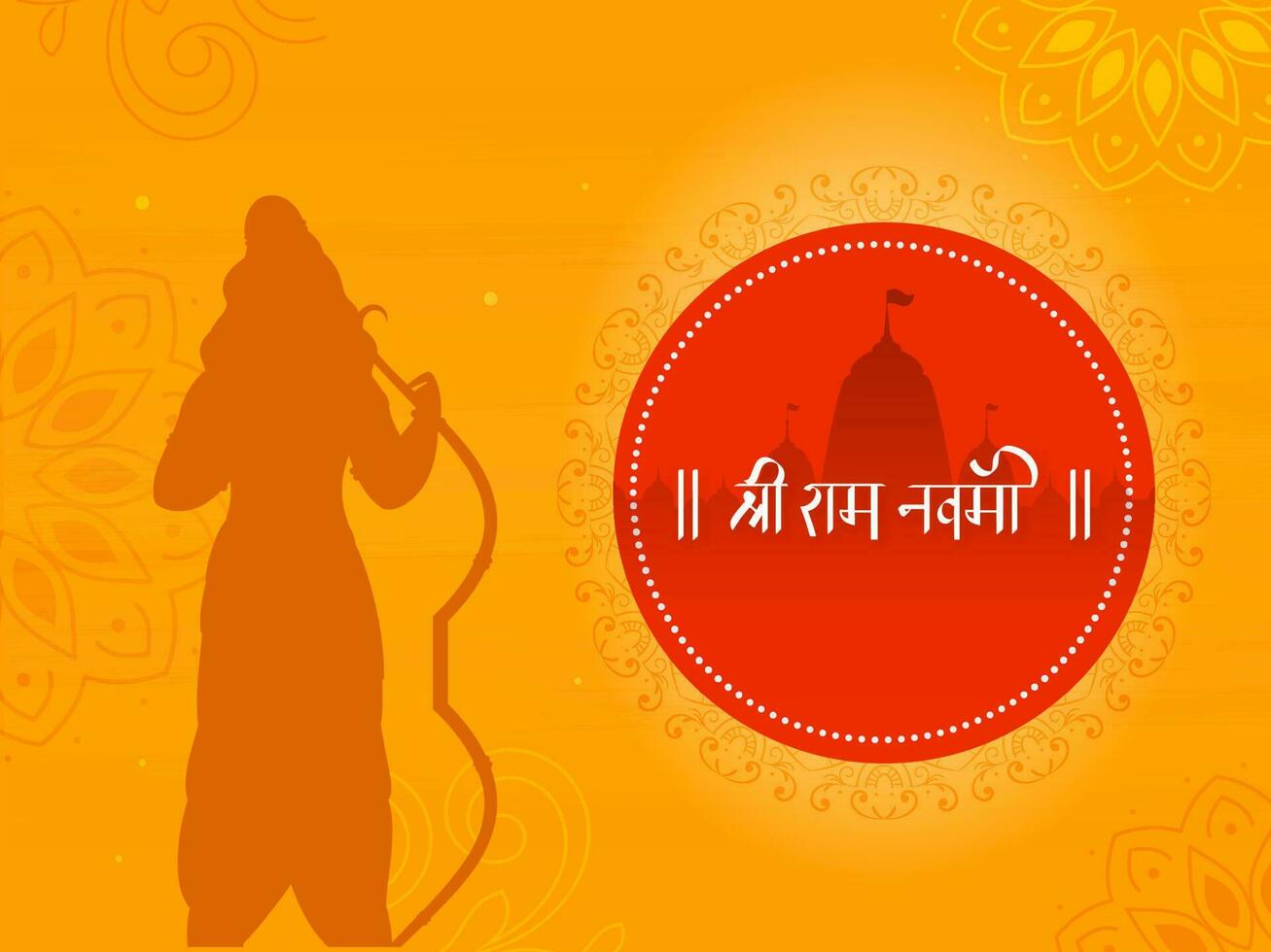 ilustración de hindú mitología silueta señor rama con naranja antecedentes para shri RAM navami señor rama cumpleaños festival silueta templo antecedentes. vector