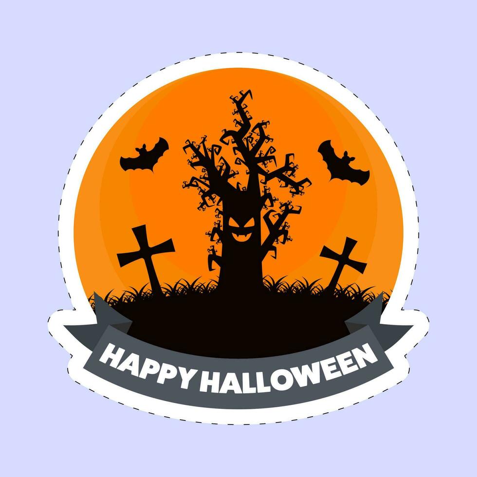 Sticker Style Happy Halloween Font With Tombstones, Scary Tree, Flying Bats On Orange And Blue Background. vector