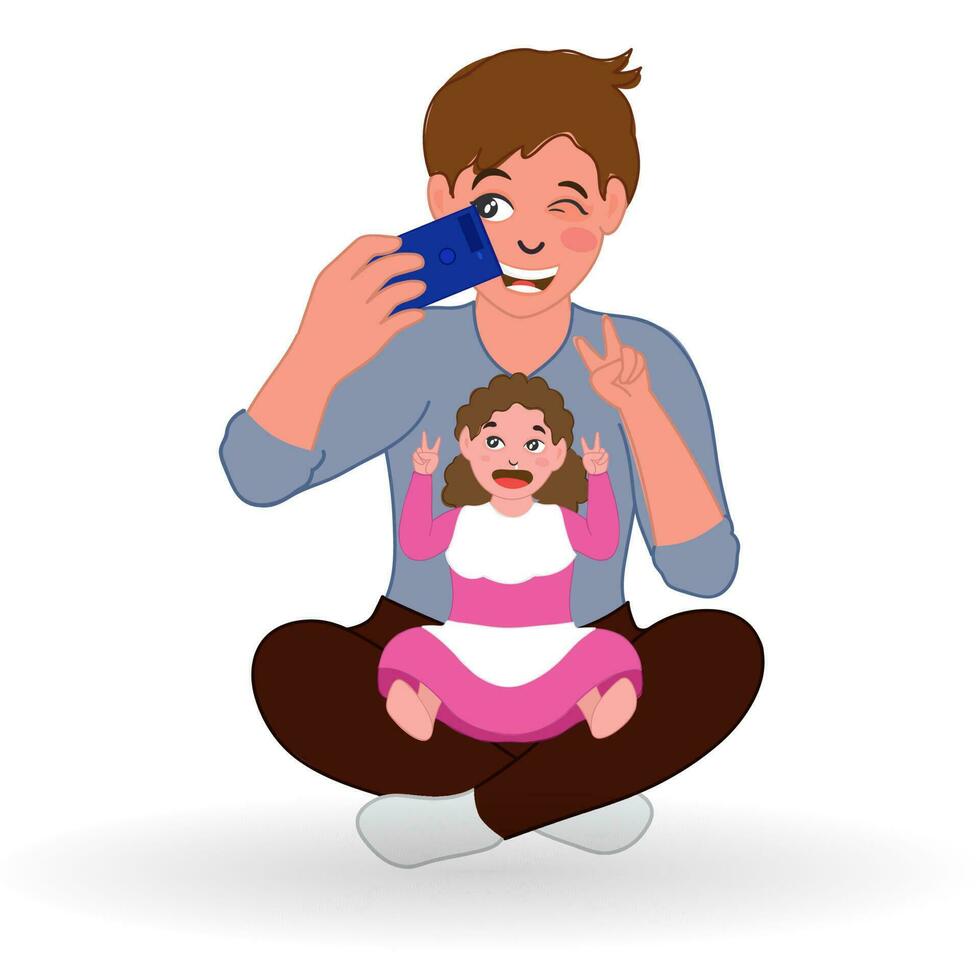 Cheerful Young Man Taking Selfie With His Daughter In Sitting Pose. vector