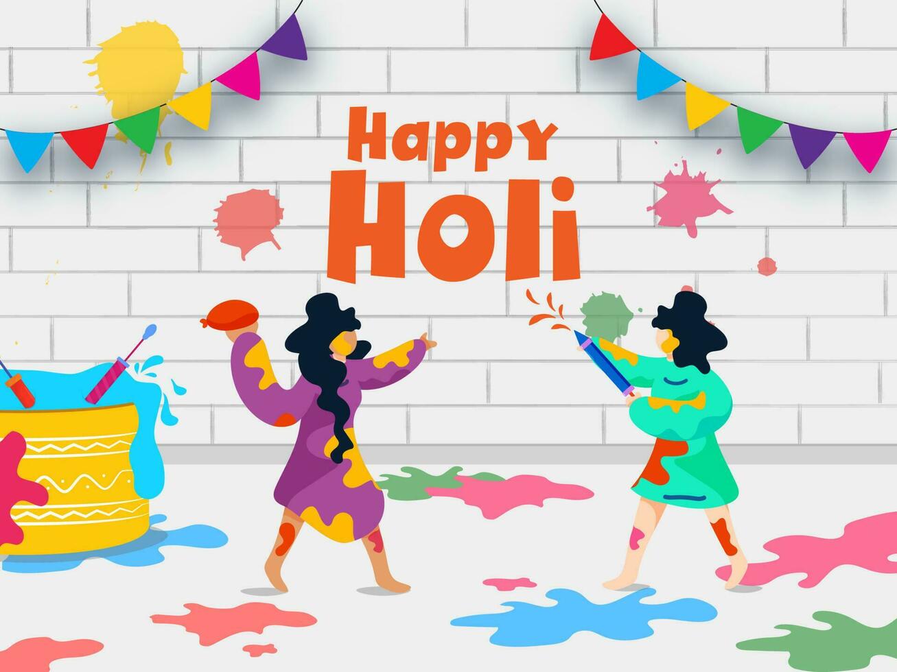 Cartoon Young Girls Playing Holi With Each Other On White Brick Wall Background. vector