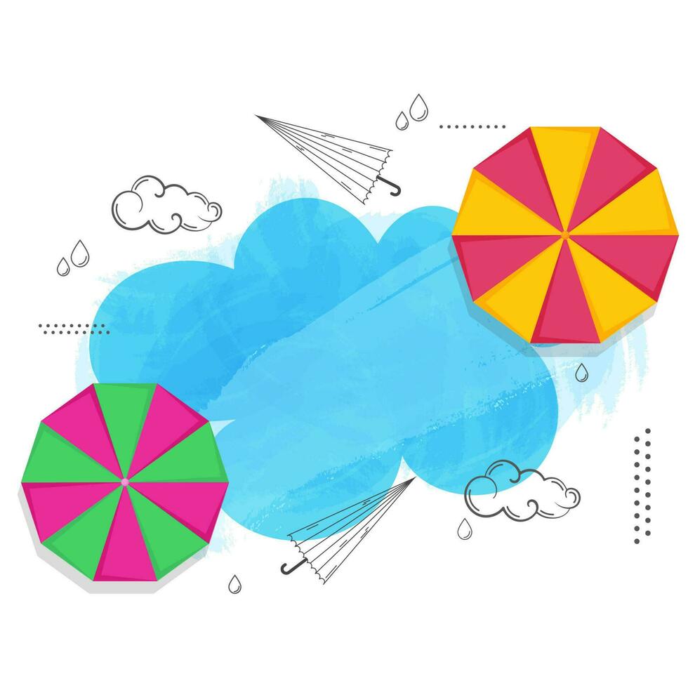 Top View Of Umbrella With Drops, Clouds And Copy Space On White And Blue Brush Effect Background. vector