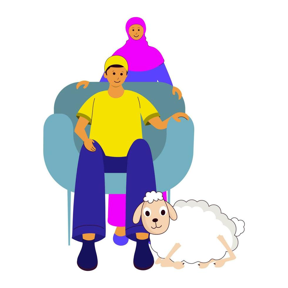 Islamic Young Woman Standing Behind Man Sitting At Sofa And Cartoon Sheep On White Background. vector