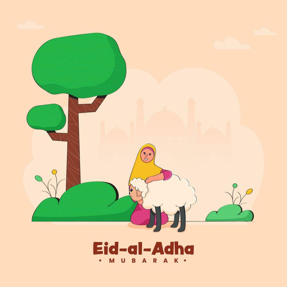 Eid al-Adha Mubarak concepto con islámico joven mujer participación oveja y árbol en melocotón silueta mezquita antecedentes. vector