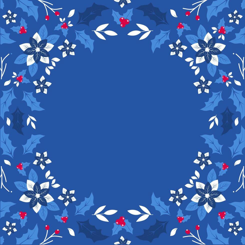 azul antecedentes decorado con flor de pascua flores, hojas, acebo baya y Copiar espacio para alegre Navidad celebraciones vector