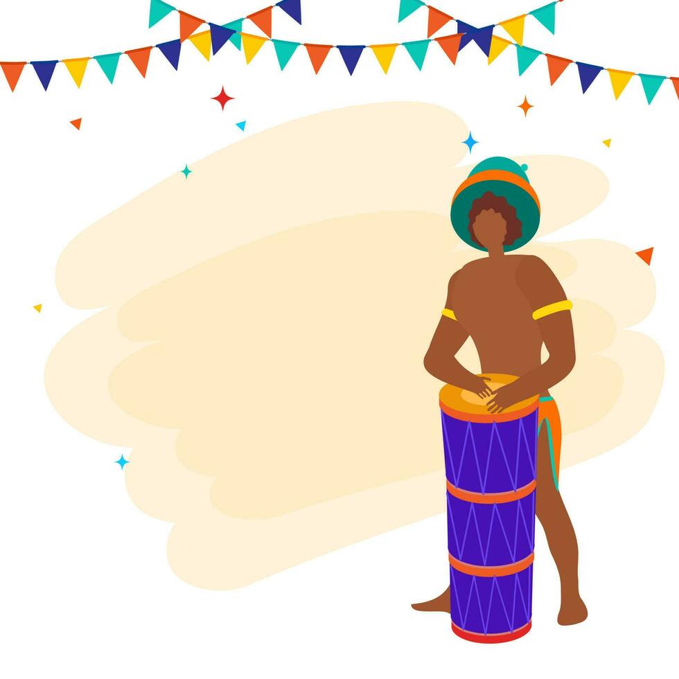 Faceless Brazilian Man Playing The Drum And Colorful Bunting Flags On White Background With Copy Space. vector
