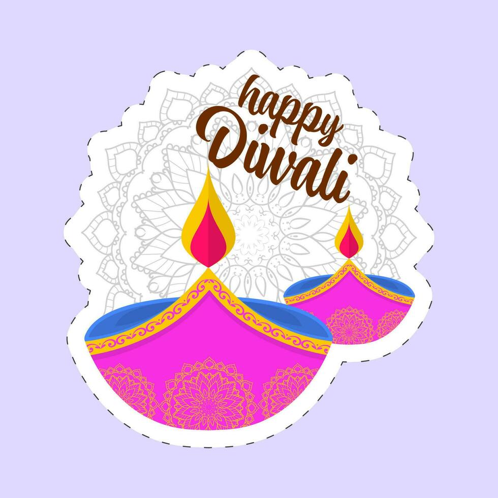 pegatina estilo contento diwali fuente con iluminado petróleo lámpara y mandala modelo en pastel Violeta antecedentes. vector