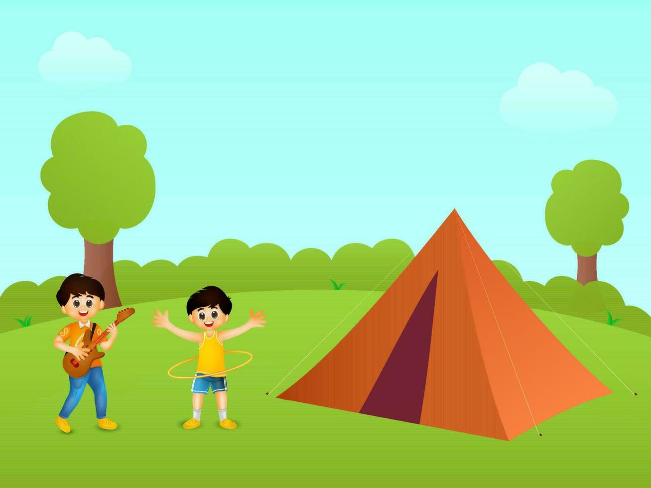 Cheerful Kids Enjoying With Tent Illustration On Green And Sky Blue Natural Background. vector