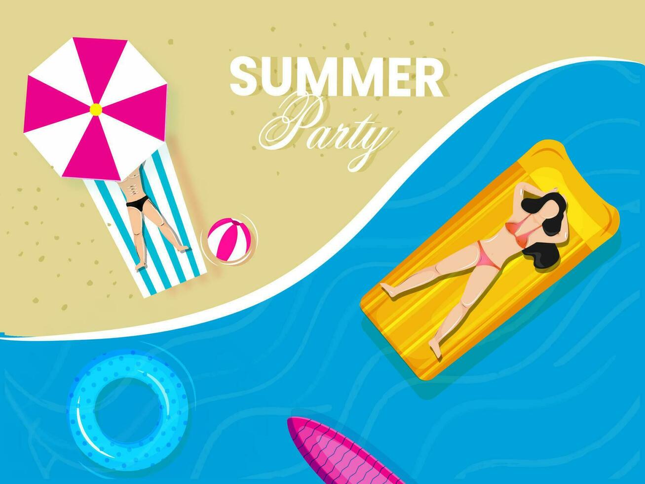 Top View Of Swimmer Female Lying On Inflatable Bed With Umbrella, Beach Ball, Lifebuoy, Surfboard Against Beach View Background. vector