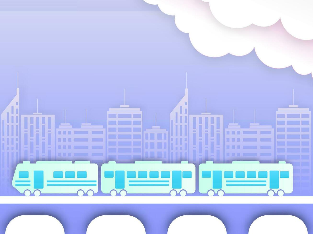 Blue Buildings Background With Paper Cut Clouds And Train Illustration. vector
