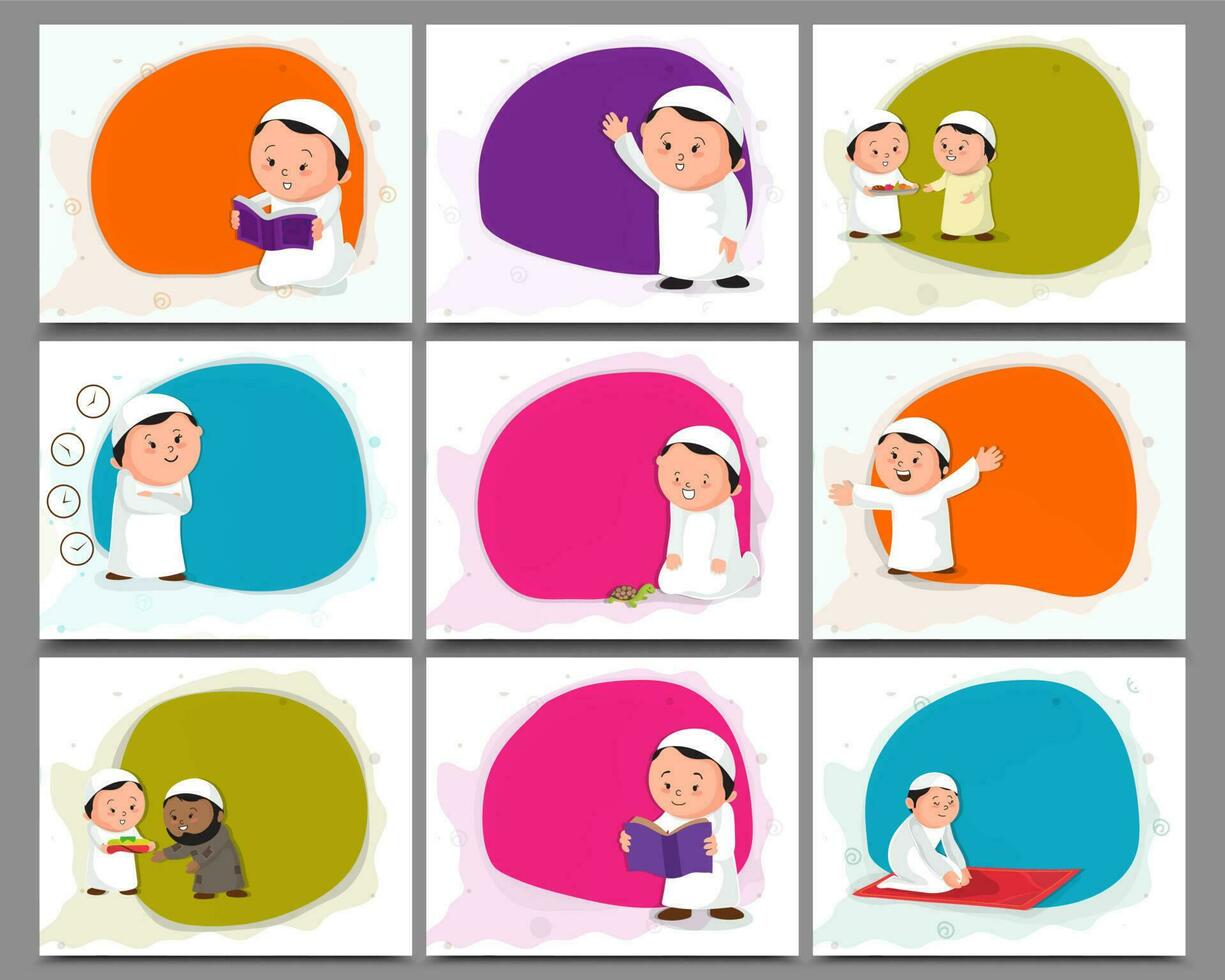 Set Of Muslim Men Showing Different Rituals And Religious Activities With Copy Space On Background For Holy Month, Islamic Festival Celebration. vector